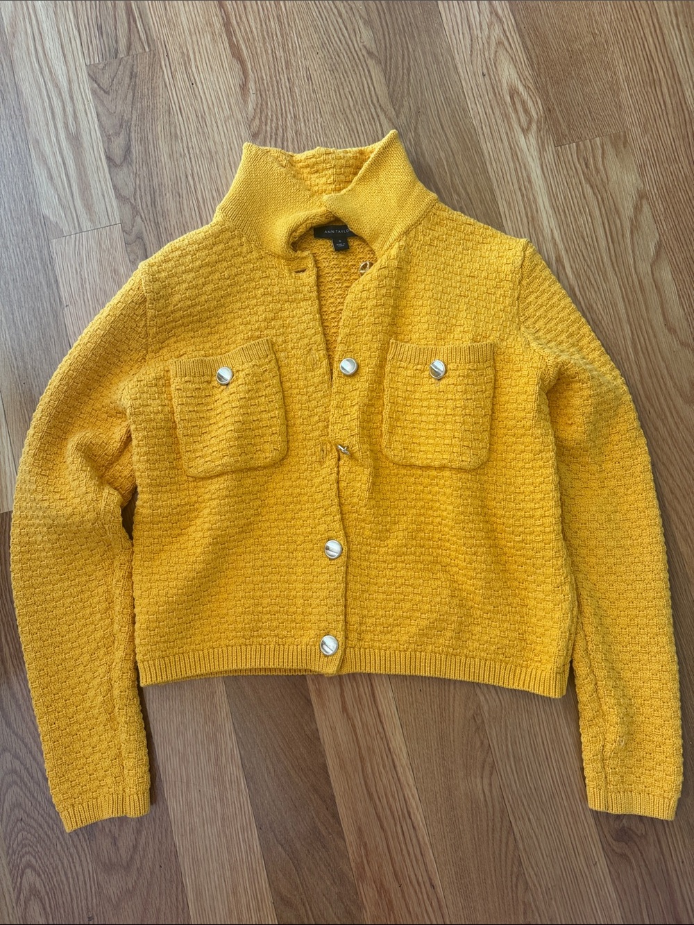 Ann Taylor Mustard Yellow Textured Knit Button Jacket